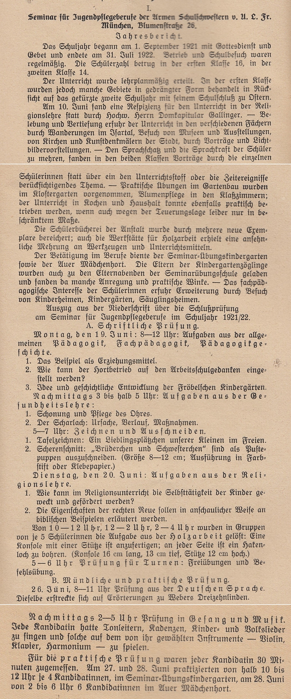 Jahresbericht für das Schuljahr 1921 22 des „Seminars für Jugendberufe der Armen Schulschwestern v U L Fr “ Quelle Ida Seele ArchivAb