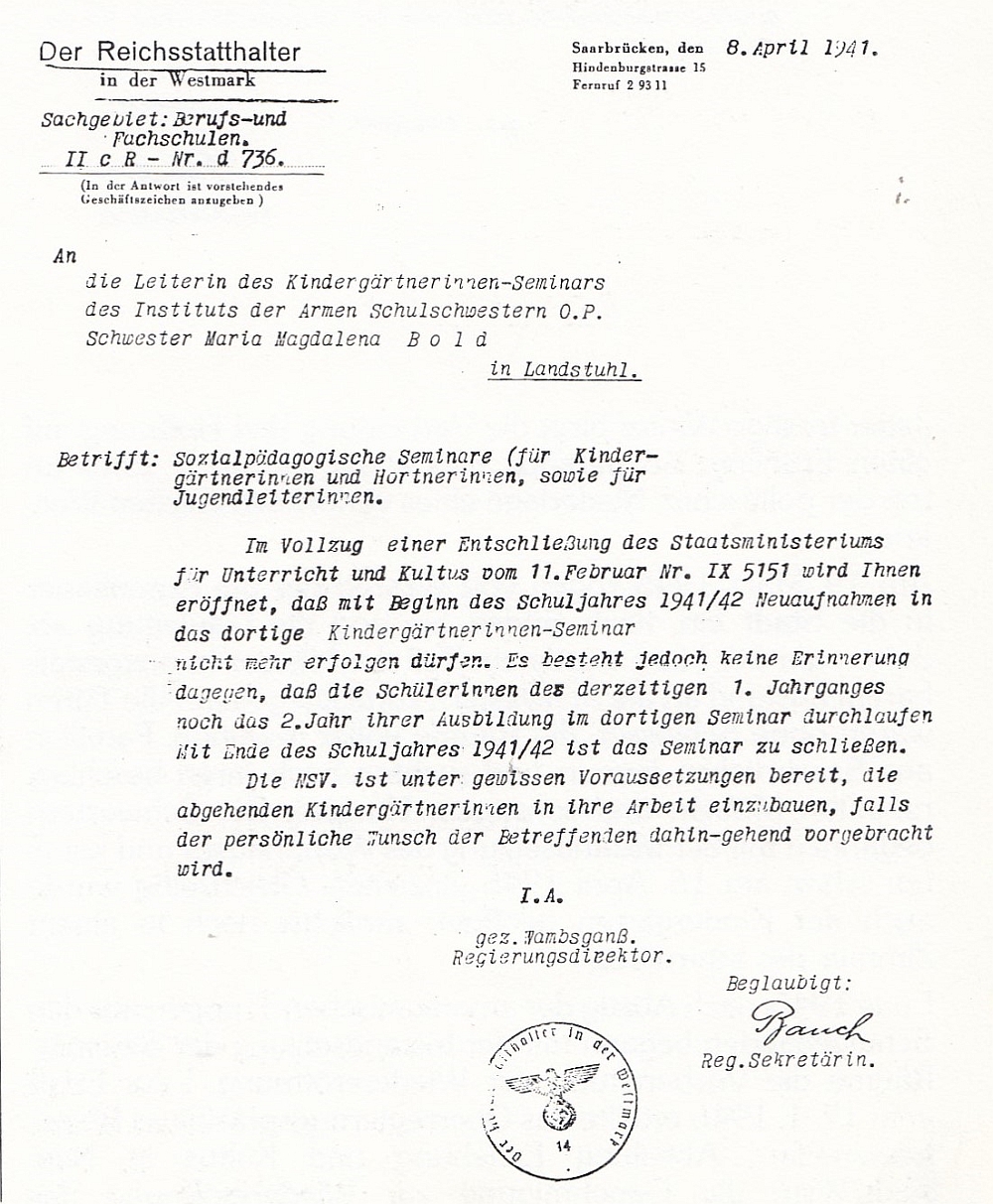 Verordnete Schließung der Ausbildungsstätte Quelle Dominikanerinnen Landstuhl 1983